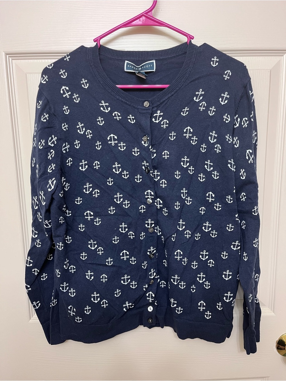 Karen Scott Navy Anchor-Print Button Cardigan Sweater